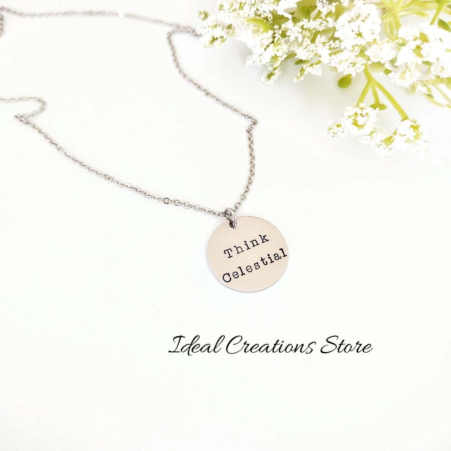 Think Celestial necklace handstamped