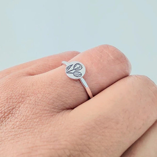 Sterling Silver Tulip Ring: July Birth Flower, Minimalist Band