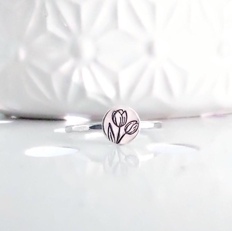 Sterling Silver Tulip Ring: July Birth Flower, Minimalist Band