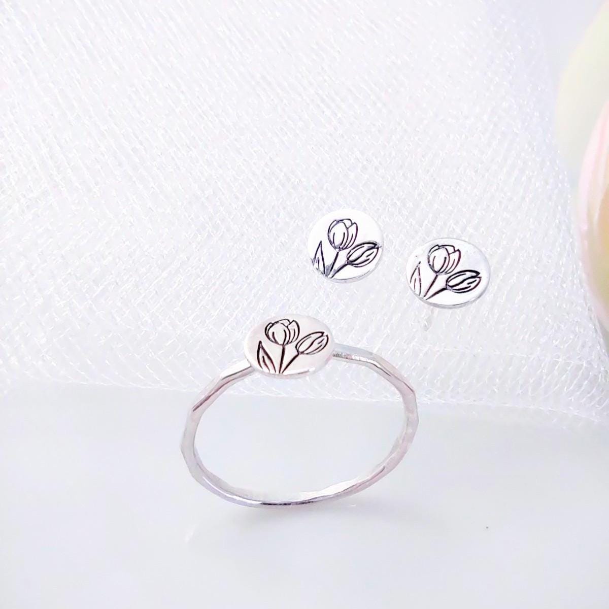 Sterling Silver Tulip Ring: July Birth Flower, Minimalist Band