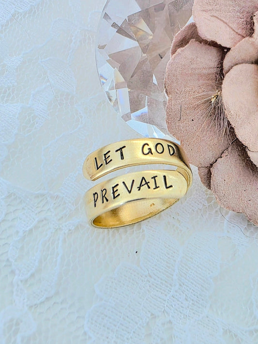 Let God Prevail wrap ring, brass religious jewelry