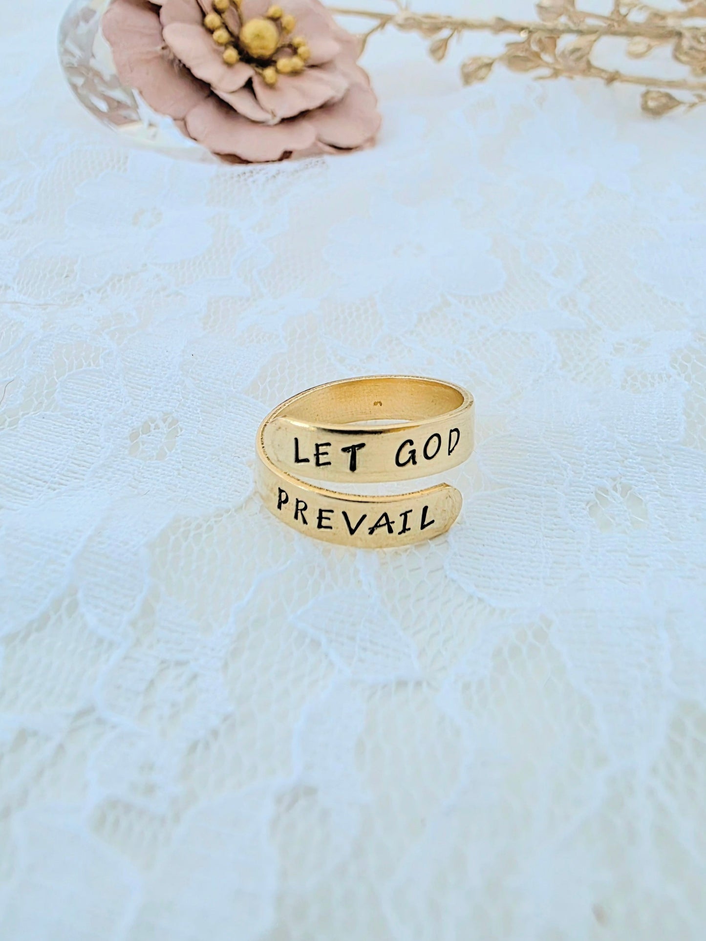 Let God Prevail wrap ring, brass religious jewelry