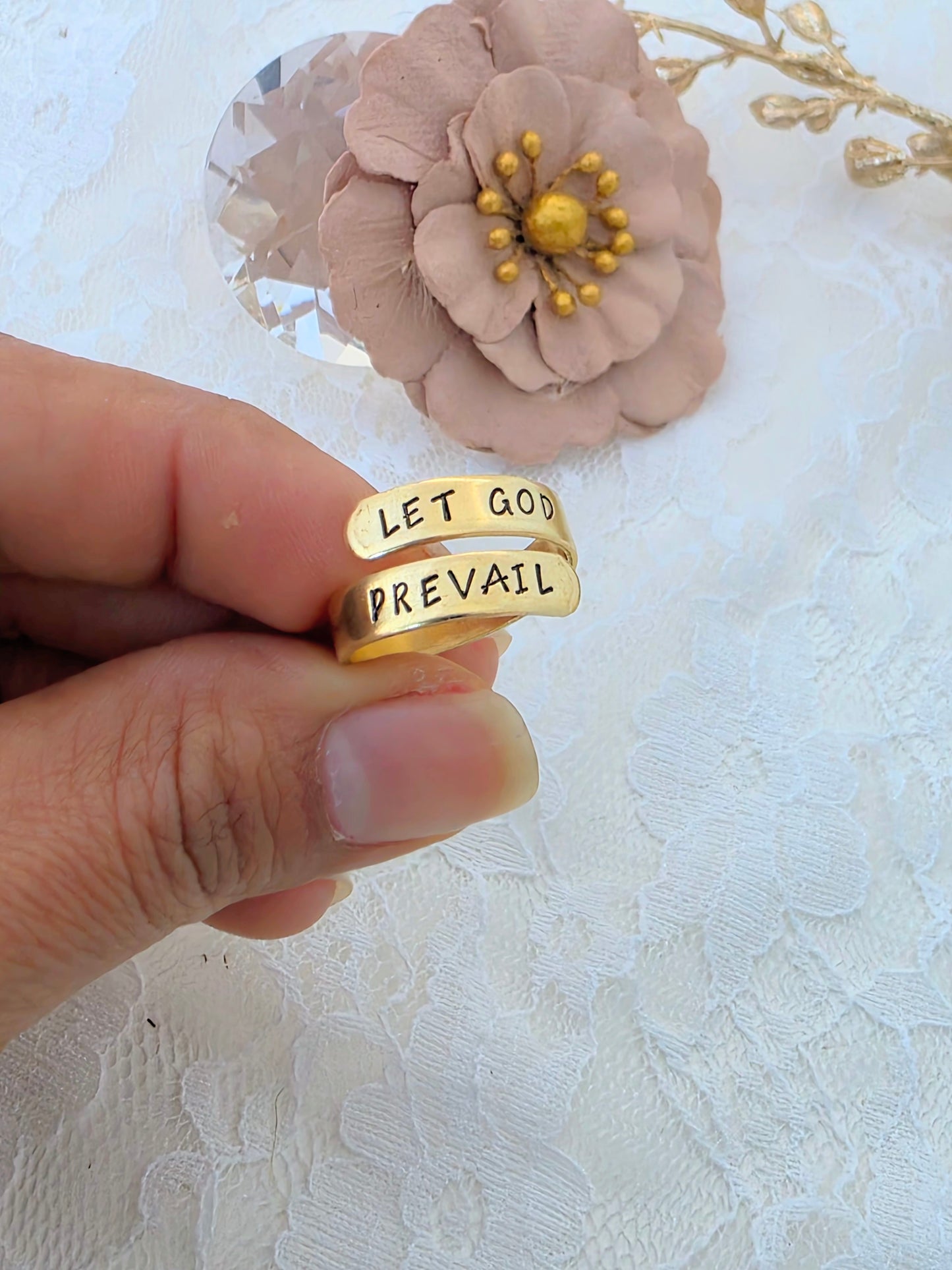 Let God Prevail wrap ring, brass religious jewelry