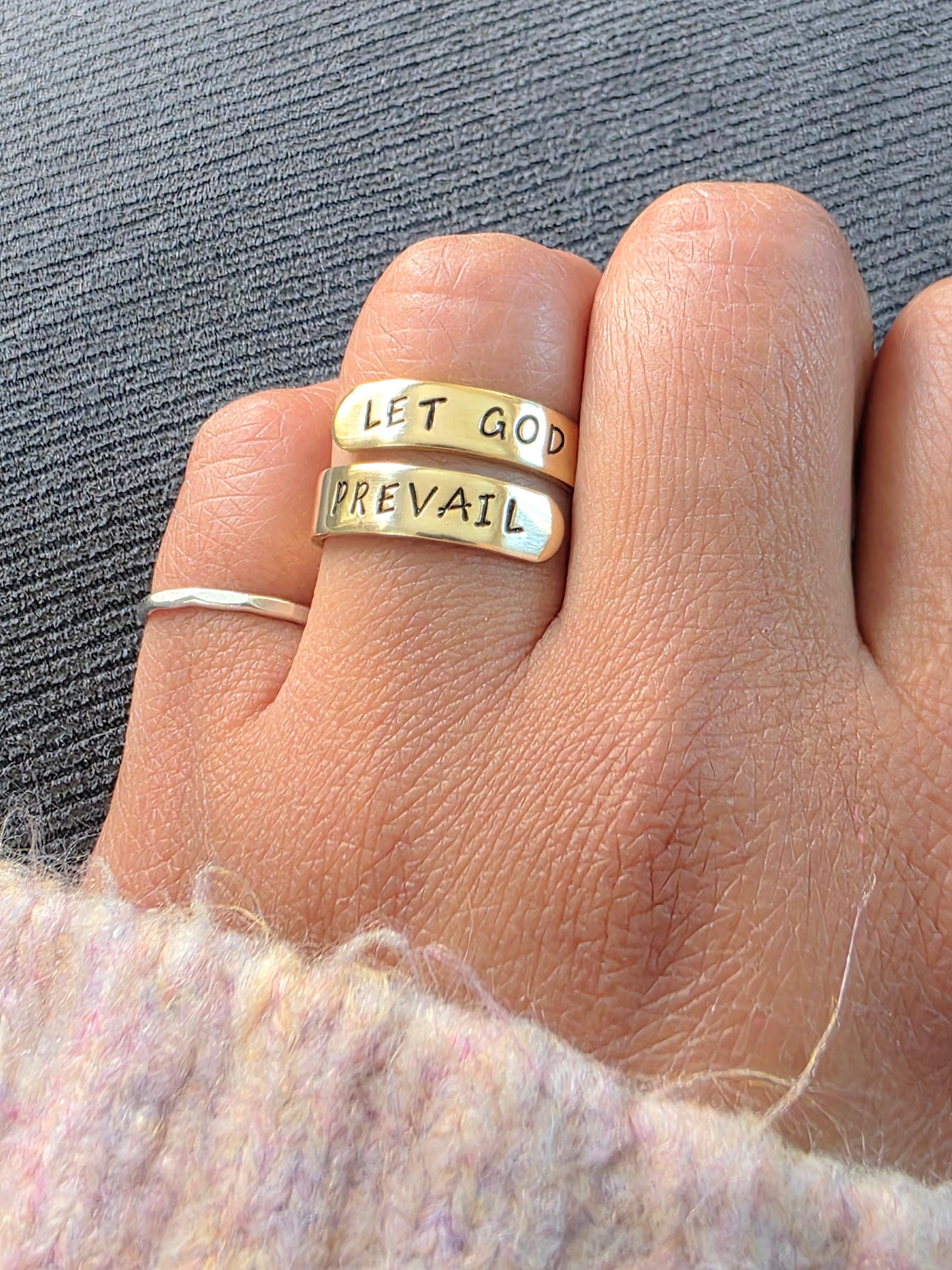 Let God Prevail wrap ring, brass religious jewelry