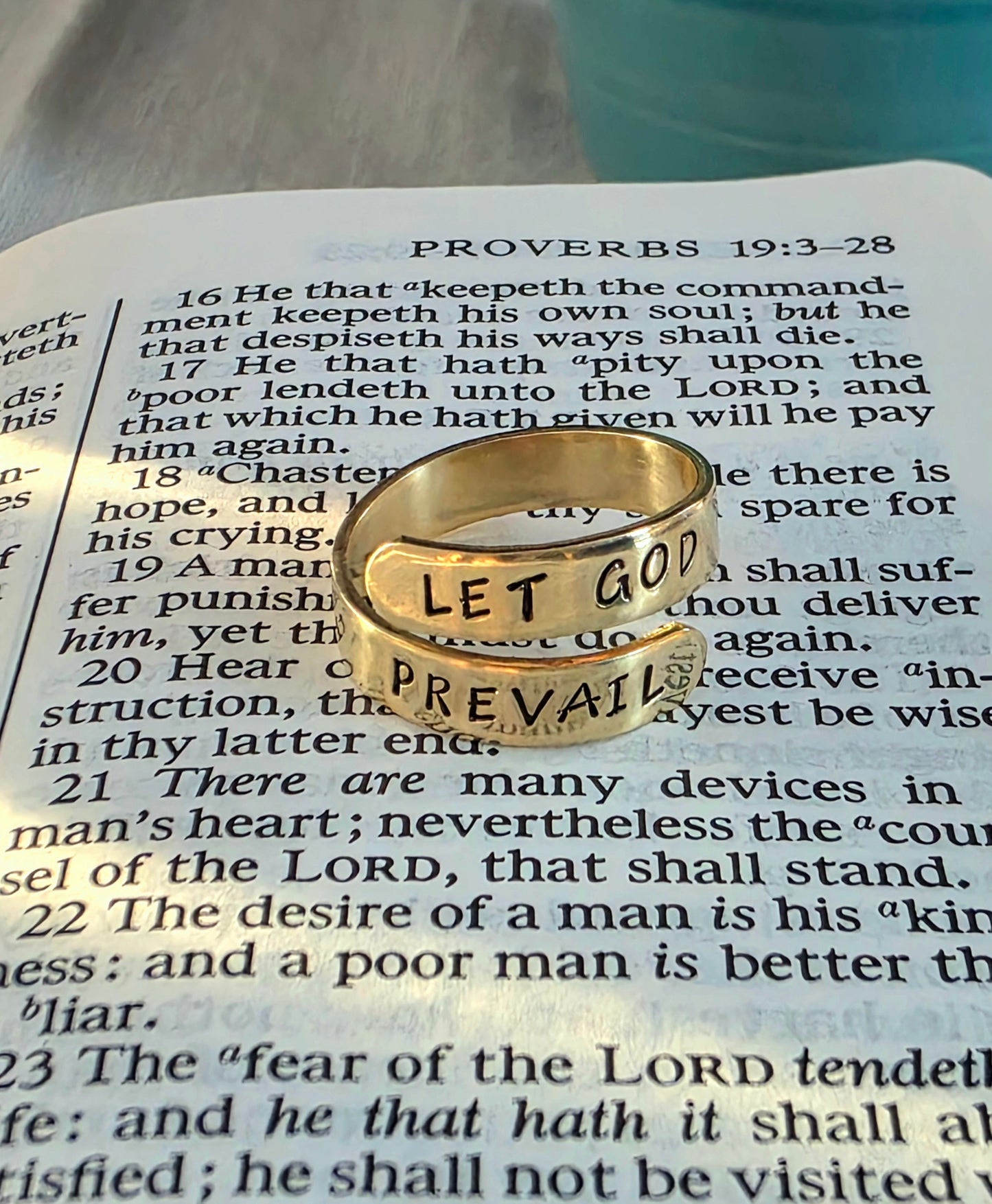 Let God Prevail wrap ring, brass religious jewelry